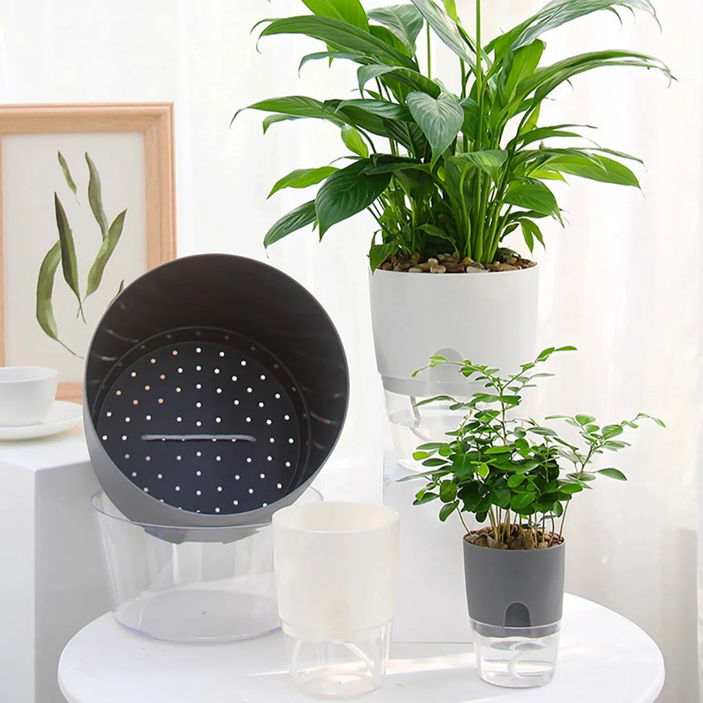 5Pcs Self Watering Planters Large L Wicking Flower Pots With Watering Bottle - Grey