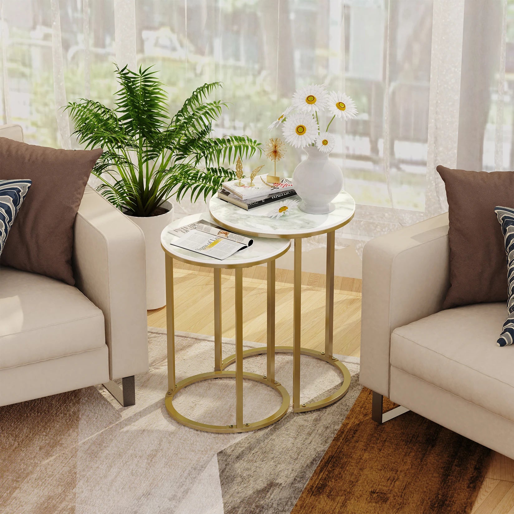 Nesting Side Table Set 2 Piece Sintered Stone Top Round Metal Base – Gold