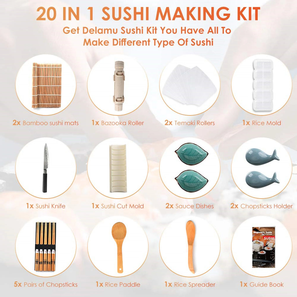 20-in-1 Sushi Making Kit with Bamboo Mats, Roller, Rice Mold and Complete Accessories