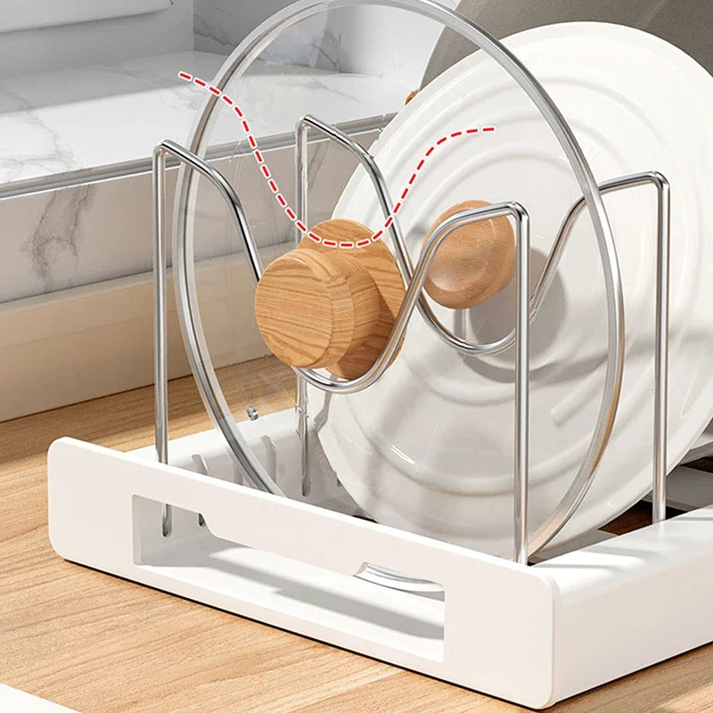 Pot Organizer Rack 7 Compartment Expandable Kitchen Cabinet Storage Holder for Pans and Lids - White
