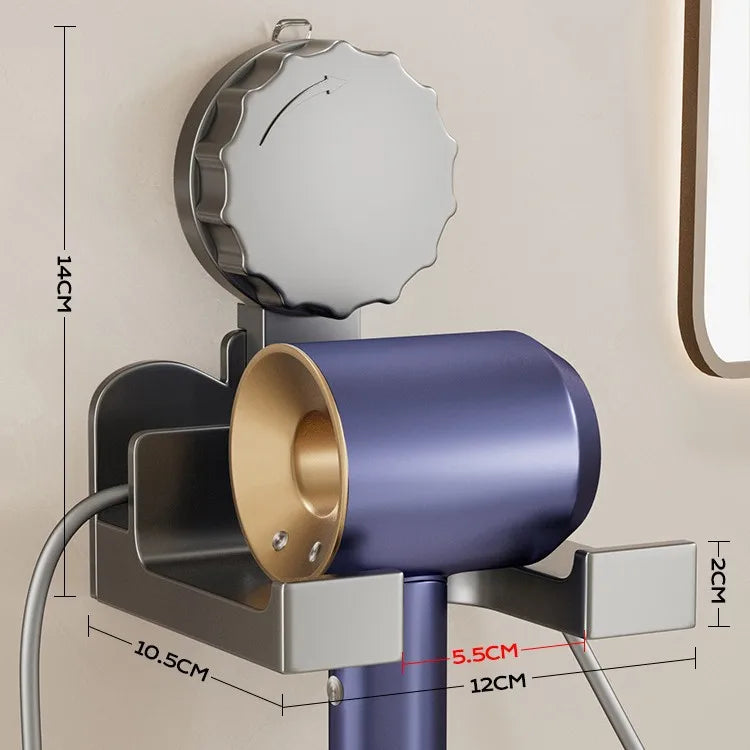 Modern Suction Cup Hair Dryer Holder Wall Mounted No Drill Bathroom Storage Rack – Gray