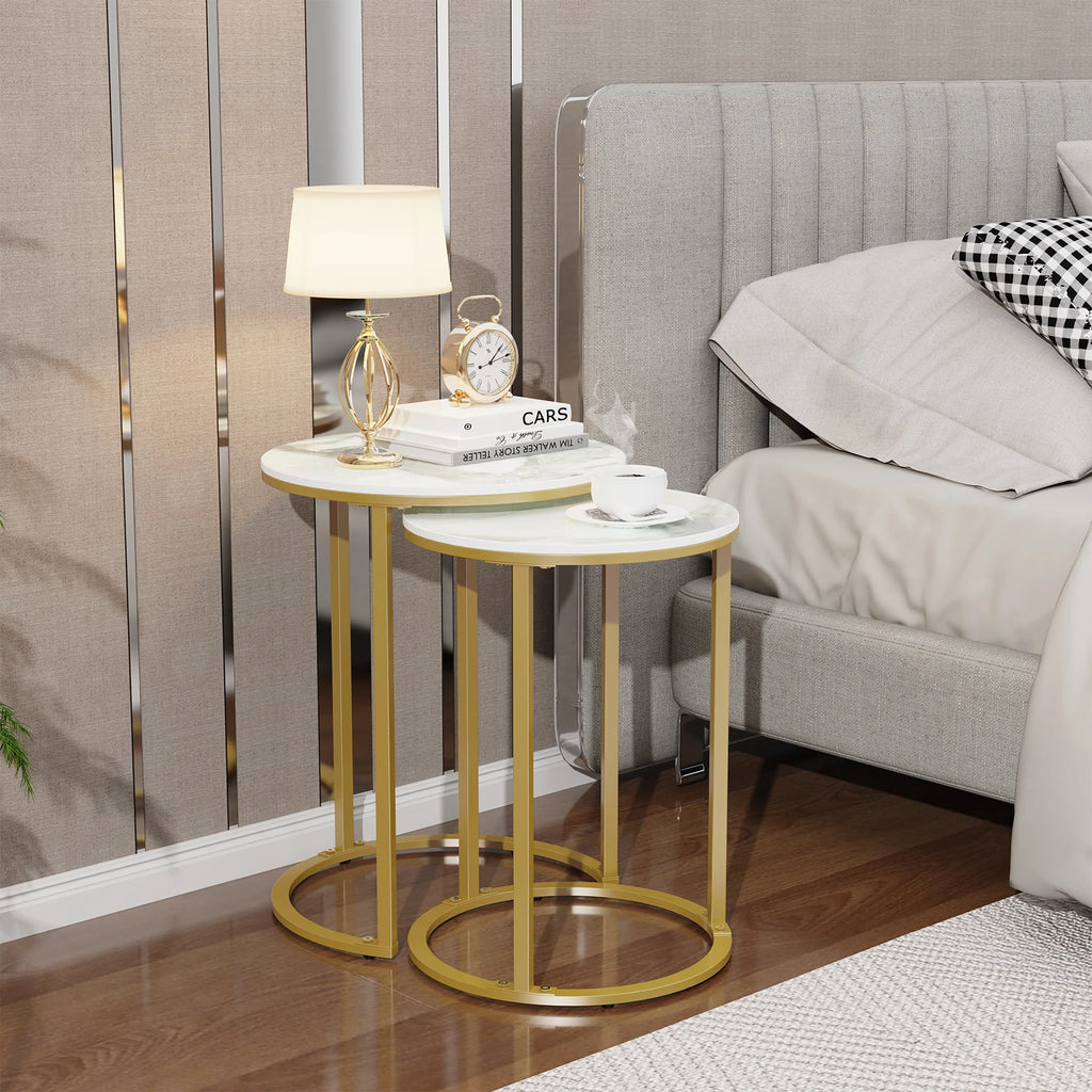 Nesting Side Table Set 2 Piece Sintered Stone Top Round Metal Base – Gold