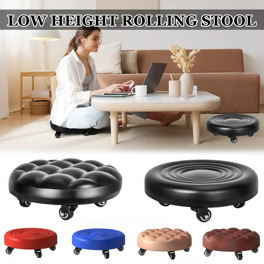 Low Rolling Stool with Universal Wheels PU Leather Cushioned Swivel Seat for Home Garage and Salon – Red