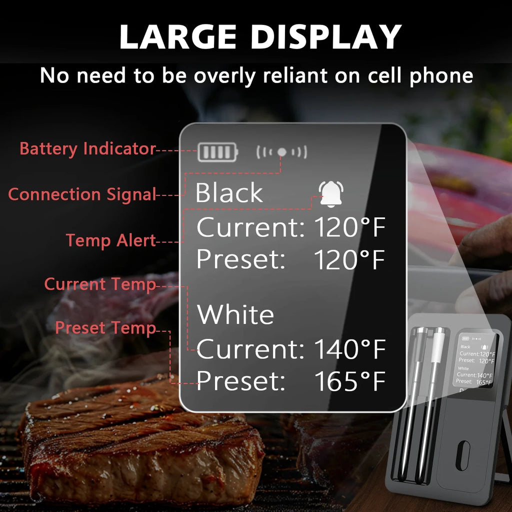 Wireless Bluetooth Meat Thermometer IP67 Waterproof Probes with LCD Screen 2 Probe Rechargeable for Grilling Smoker BBQ Oven