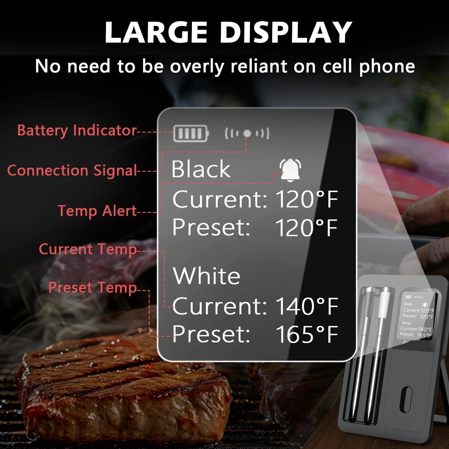 Wireless Bluetooth Meat Thermometer IP67 Waterproof Probes with LCD Screen 2 Probe Rechargeable for Grilling Smoker BBQ Oven