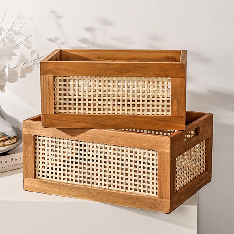 Storage Basket Portable Solid Wood Rattan Woven Desktop Organizer 35x25x16cm