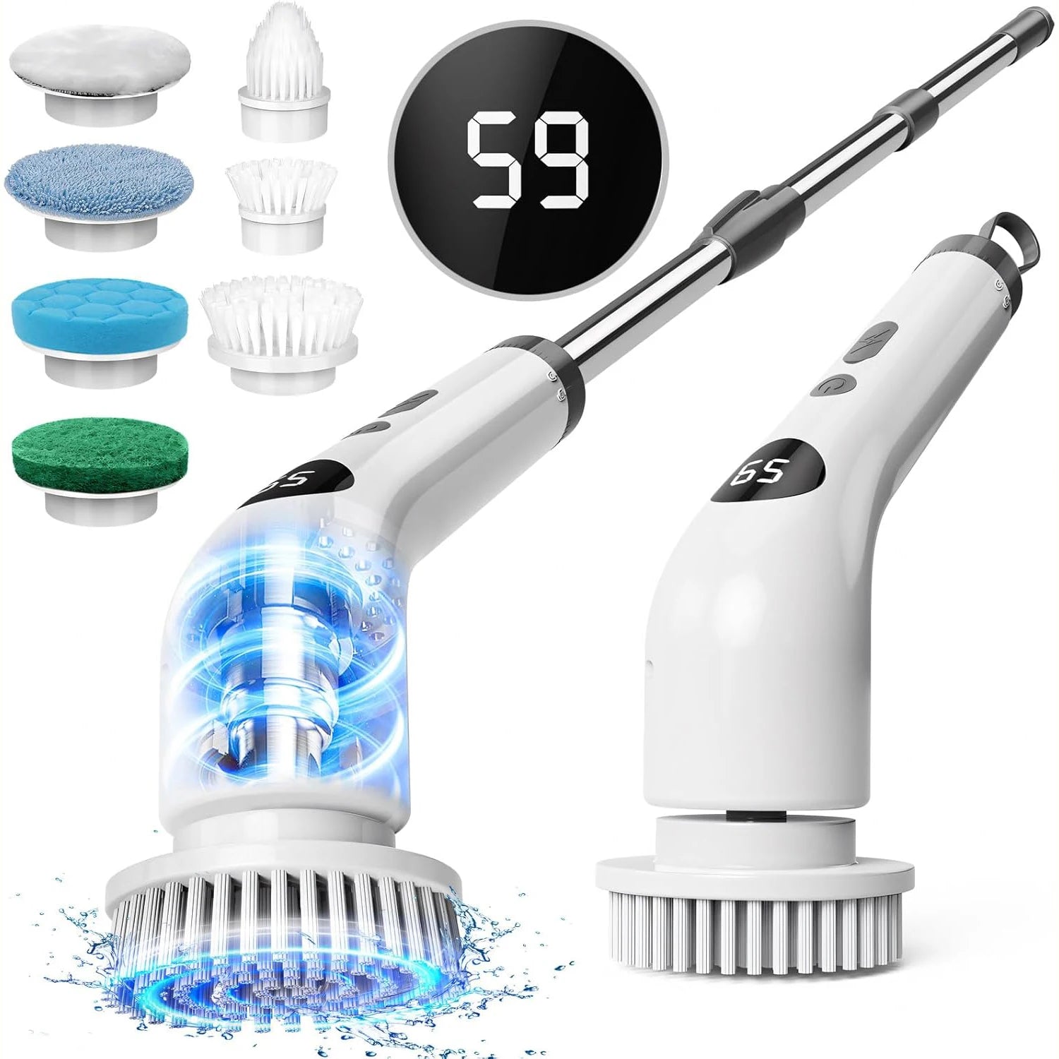 Cordless Electric Spin Scrubber Adjustable Cleaning Brush with 8 Brush Heads USB Rechargeable – White