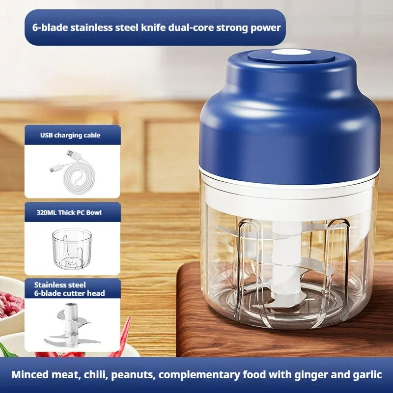 Electric Garlic Chopper 320ml USB Rechargeable Mini Food Processor Vegetable Grinder – Blue