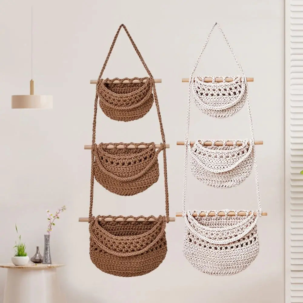 3 Tier Cotton Rope Hanging Storage Basket Wall Mounted Organizer – Beige