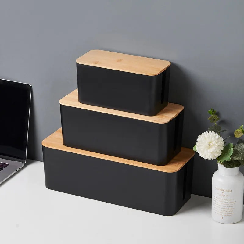 Cable Management Box Bamboo Cover Cord Organiser Power Board Storage - Large