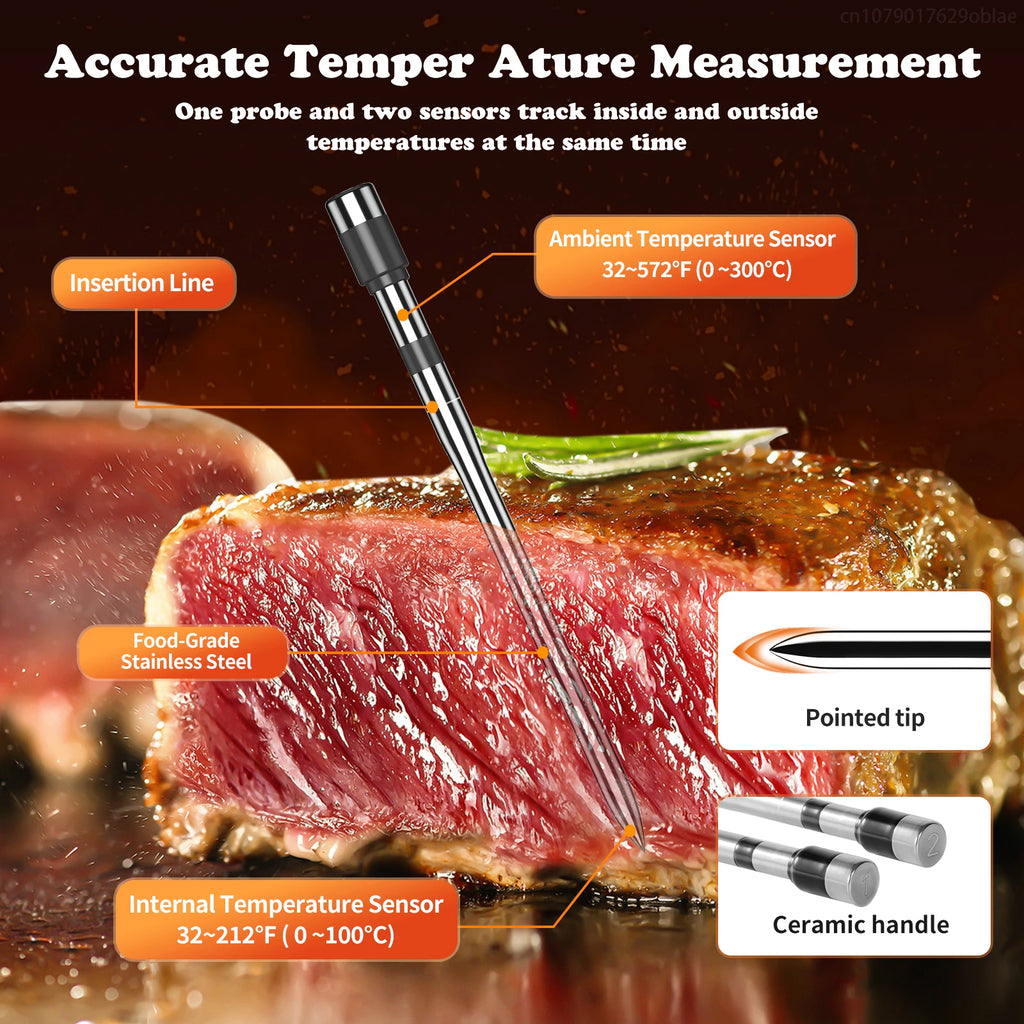 Wireless Meat Thermometer 2 Probe Digital Bluetooth with LCD Screen Rechargeable for BBQ Oven Rotisserie