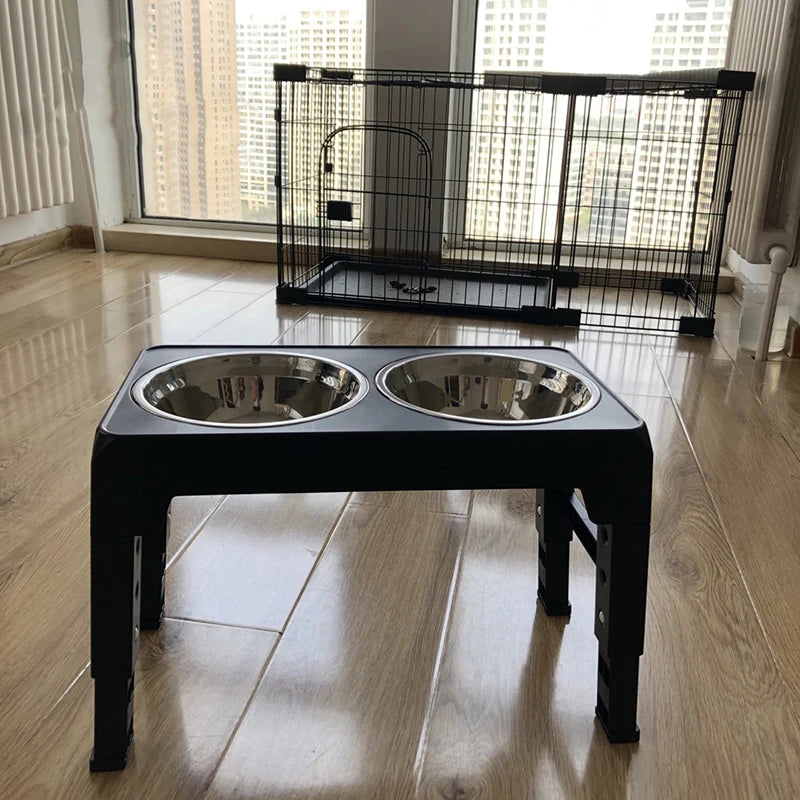 Elevated Dog Feeder Adjustable Raised Stand 2 Stainless Steel Bowls - Black
