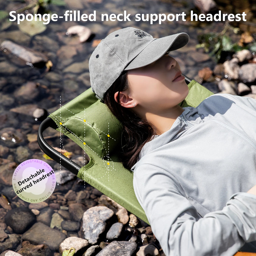 Camping Folding Chair with Adjustable Armrest and Detachable Pillow Portable Lounging Chair - Green
