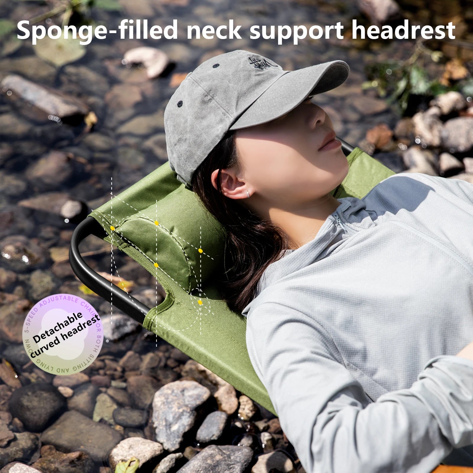 Camping Folding Chair with Adjustable Armrest and Detachable Pillow Portable Lounging Chair - Green