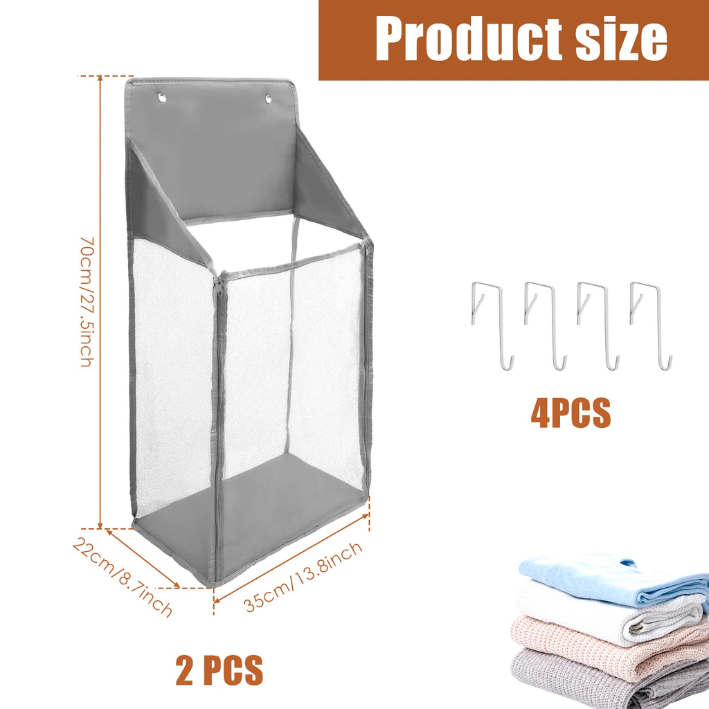 2Pcs Foldable Hanging Laundry Basket Mesh Hamper Over Door Storage - Grey