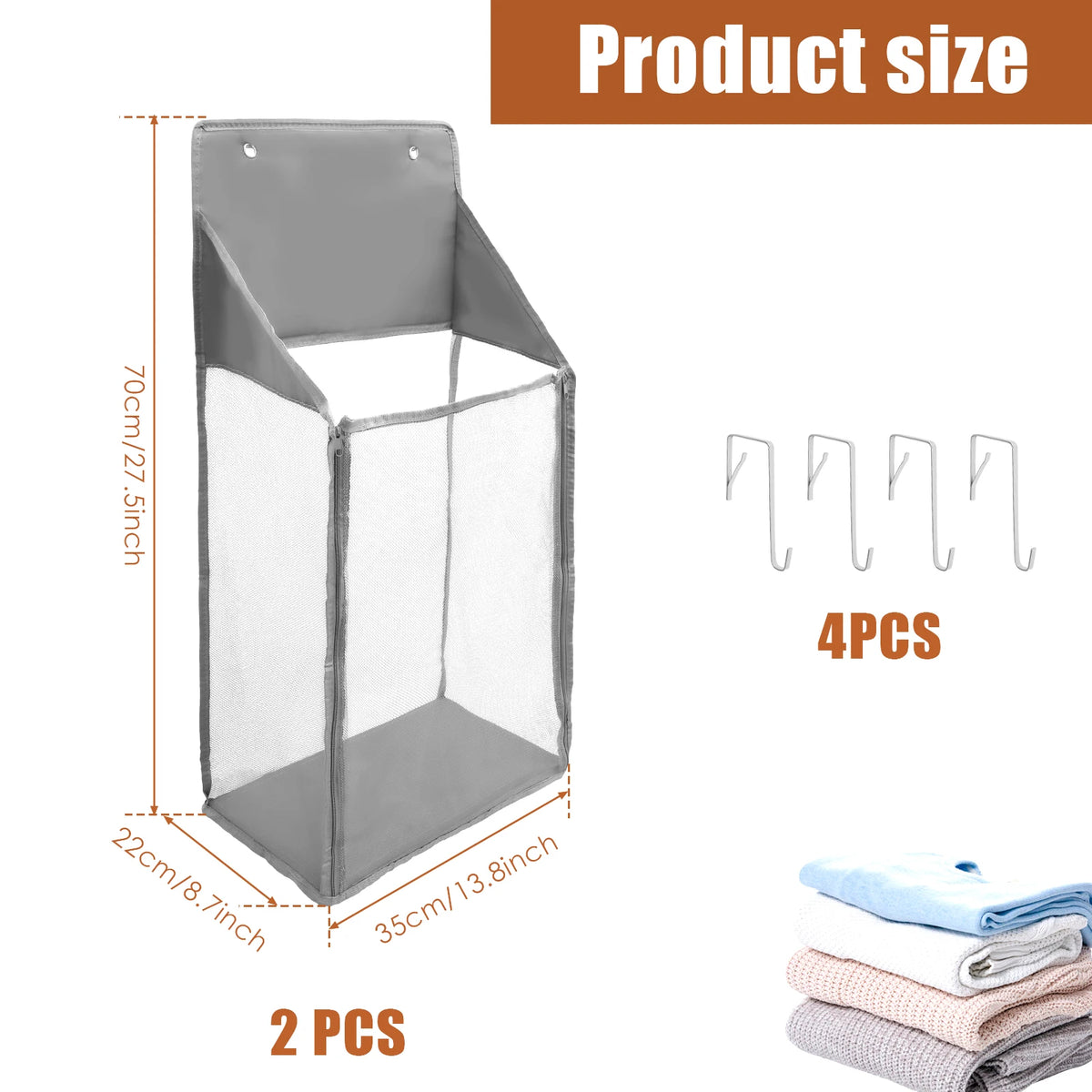 2Pcs Foldable Hanging Laundry Basket Mesh Hamper Over Door Storage - Grey