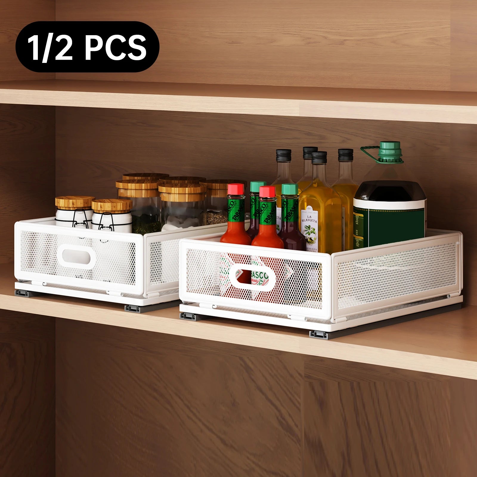 Pull-Out Metal Under Sink Storage Basket with Slide Rail, No-Drill Cabinet Organizer - White