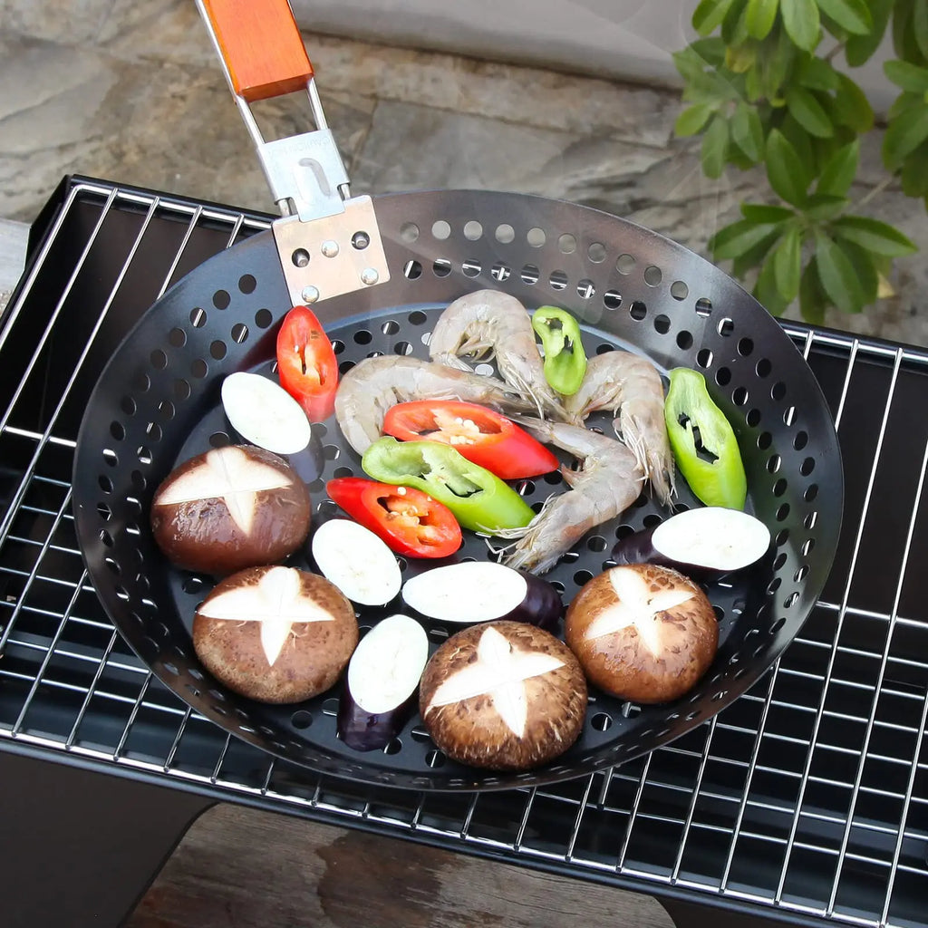 Grill Pan Stainless Steel Folding Stovetop Cooking Tray with Removable Handle - Black