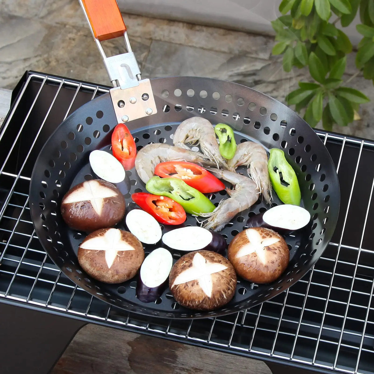 Grill Pan Stainless Steel Folding Stovetop Cooking Tray with Removable Handle - Black