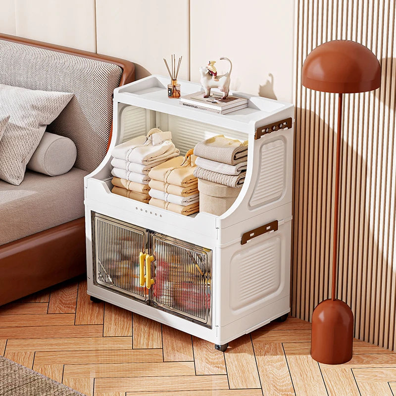 Storage Cabinet 2 Tier Foldable Double Door Large Capacity Mobile Organizer