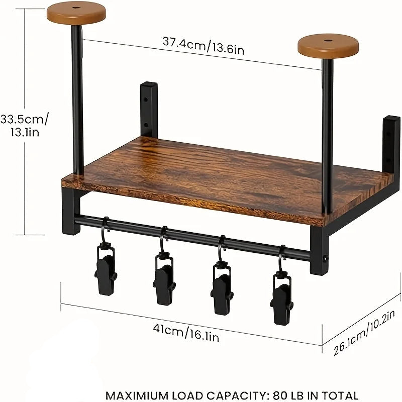 Motorcycle Helmet Wall Mount Wooden Shelf with Adjustable Hooks Storage Rack - Brown