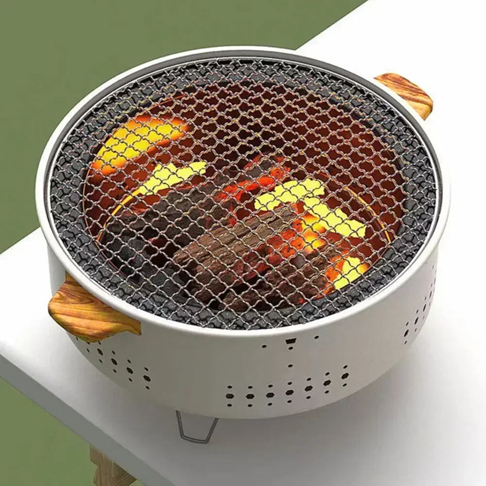 Portable Charcoal BBQ Grill 31cm Round Camping Barbecue Stove – Khaki