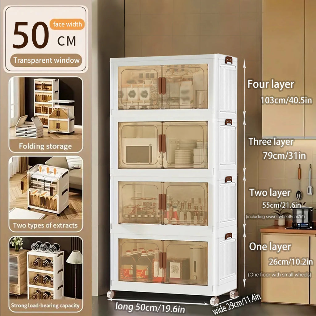 Foldable Storage Cabinet 4 Tier 50 cm Stackable Bins with Clear Doors and Wheels