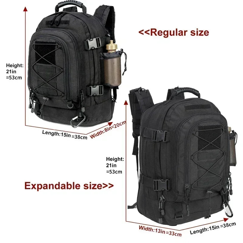 Tactical Backpack 60L Expandable Waterproof Hiking Travel Laptop Bag - Black
