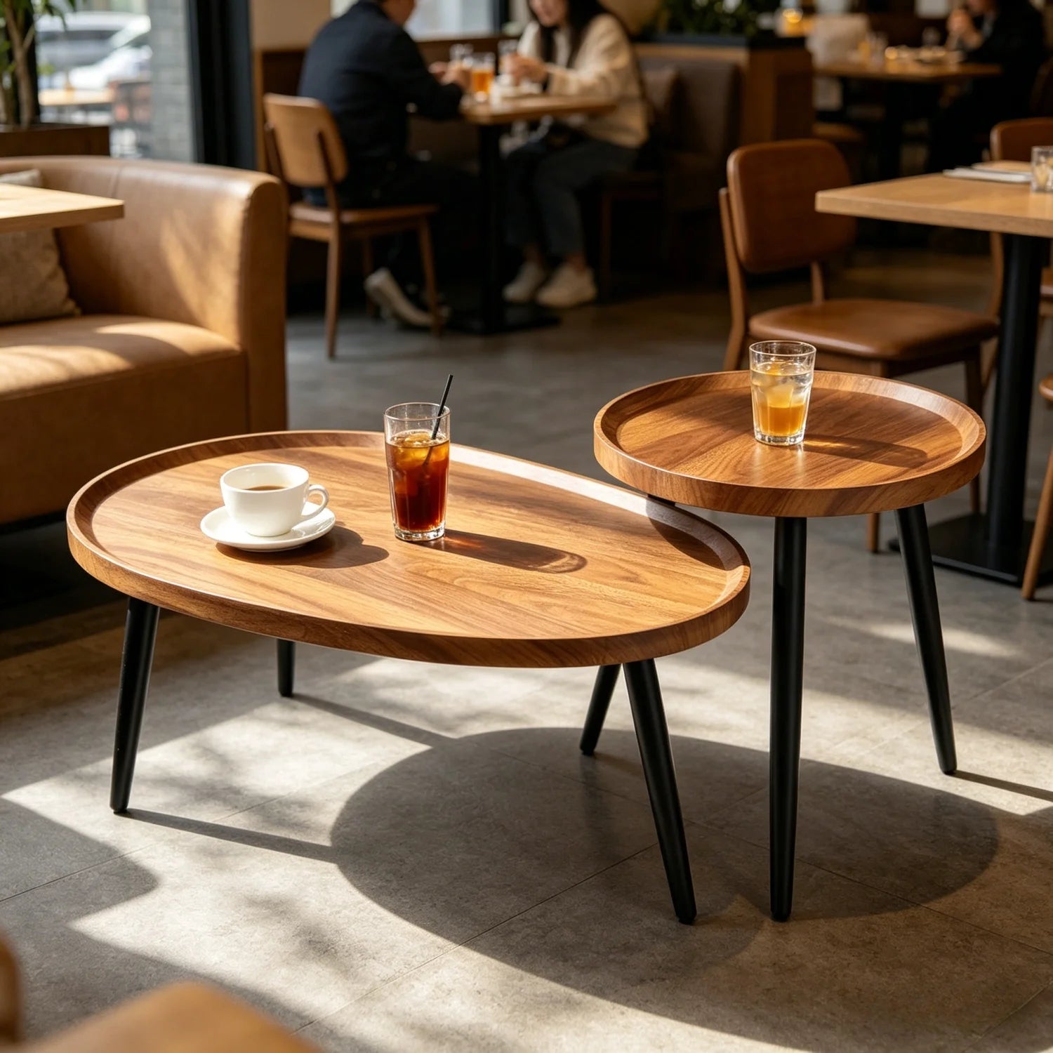 Coffee Table Set of 2 Drop Shape Nesting Wood Top Accent Tables – Walnut