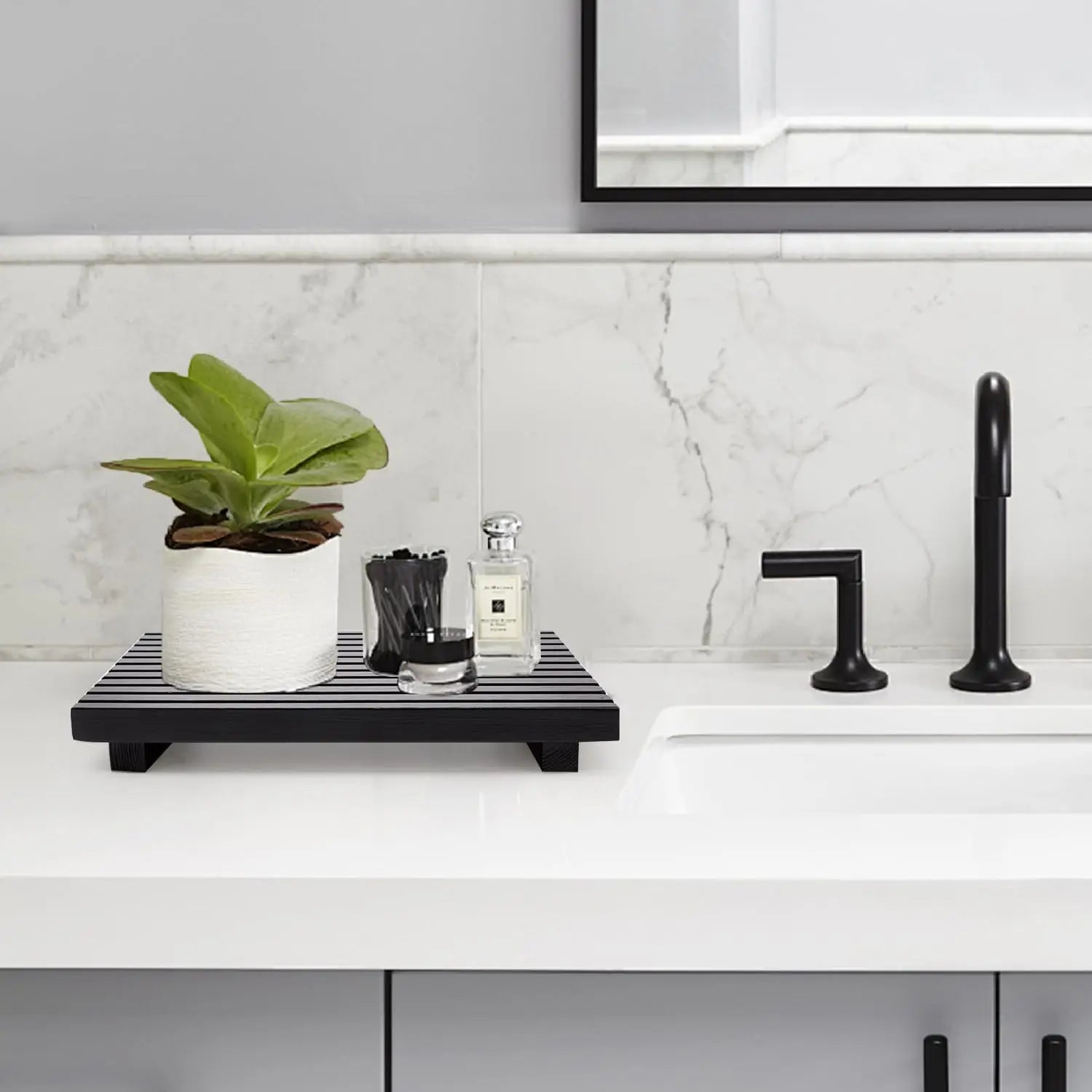 Wooden Bathroom Counter Organizer Display Riser Kitchen Countertop Tray Soap Dispenser Stand – White