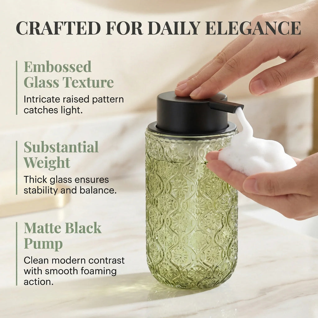Foaming Soap Dispenser Embossed Glass Pump with Decorative Design - Grey