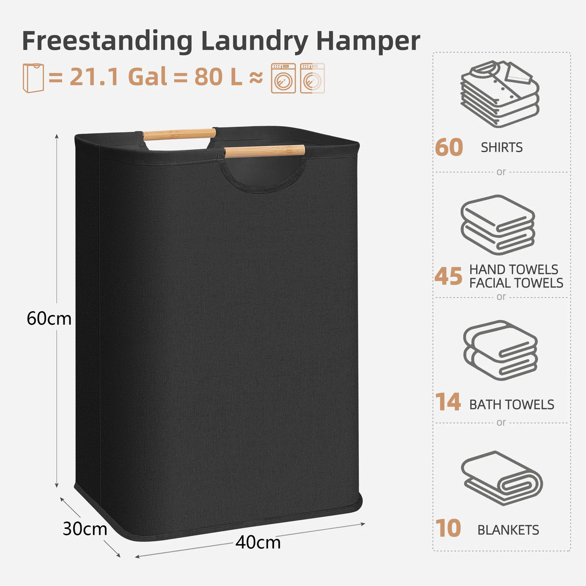 Extra Large Laundry Hamper 80L Foldable Dirty Clothes Basket With Handles - White