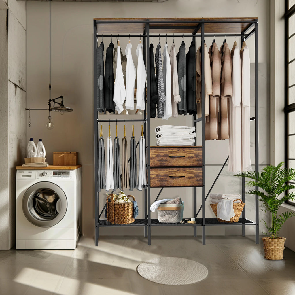 Industrial Clothes Rack Wardrobe with Shelves Drawers and Hanging Rail - Black