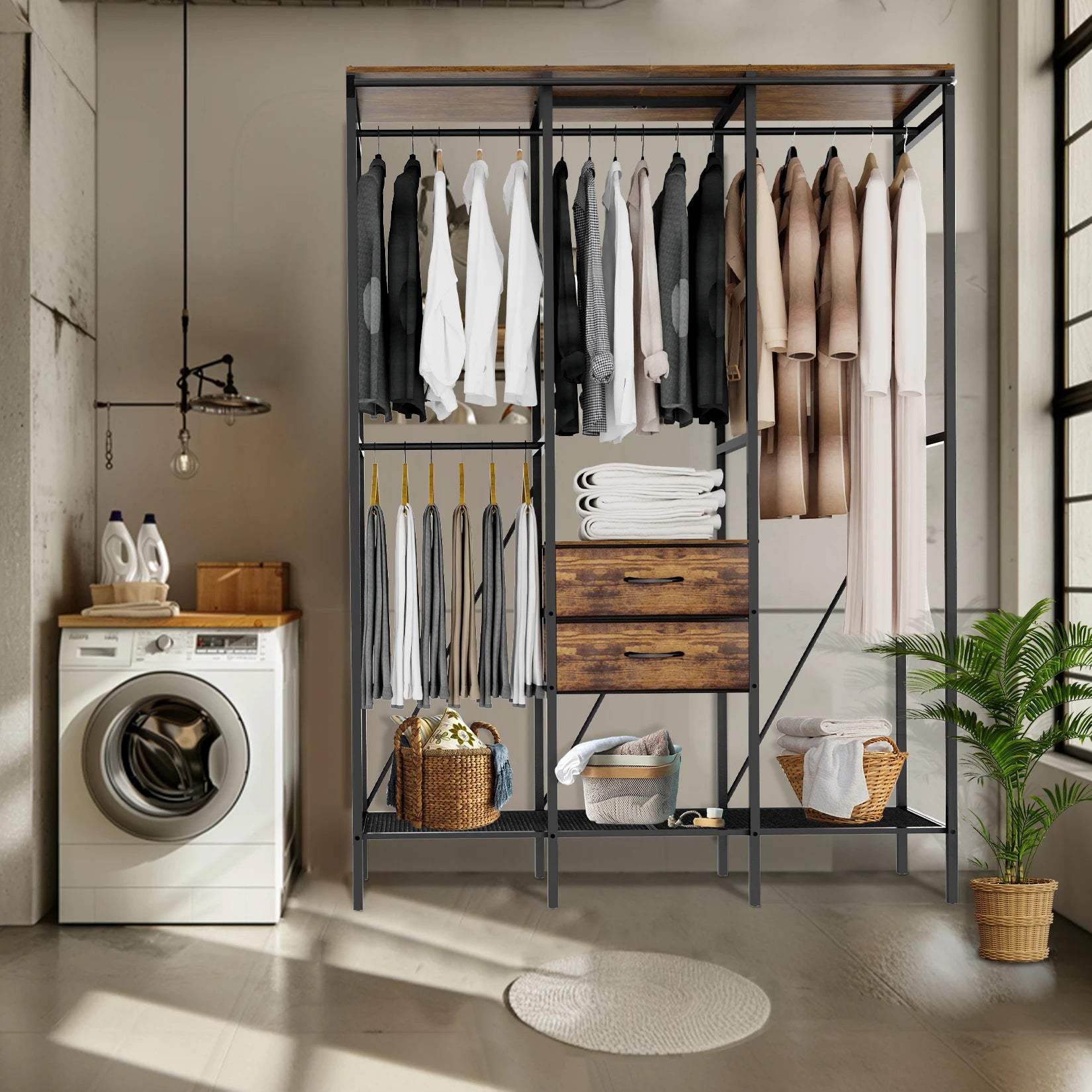Industrial Clothes Rack Wardrobe with Shelves Drawers and Hanging Rail - Black