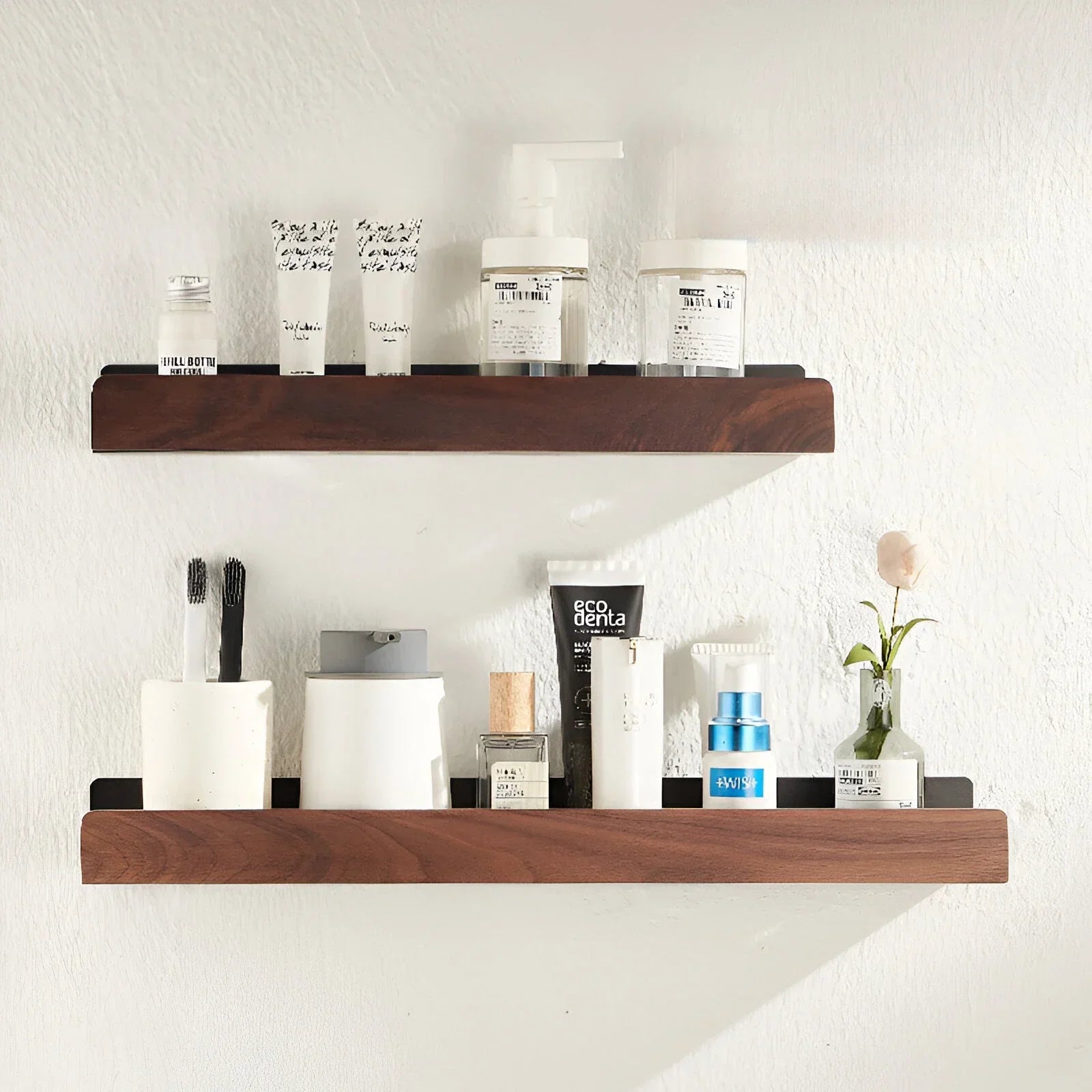 Wall Mounted Black Walnut Bathroom Storage Shelf Aluminum Organizer Rack No Drill – 20cm