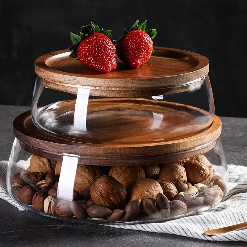 Glass Storage Canister Wooden Lid Wide Food Container Airtight Kitchen Pantry Jar