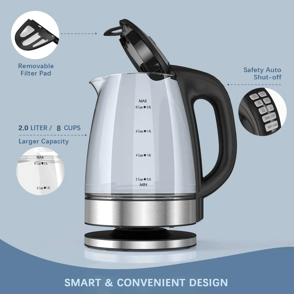 Electric Glass Kettle 2L 2200W Fast Boil with Temperature Control Matte Black