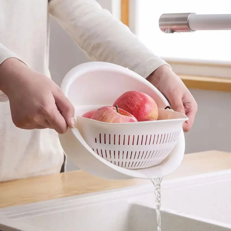Rotatable Double Drain Basket 23cm Fruit Vegetable Washer Colander - Apricot