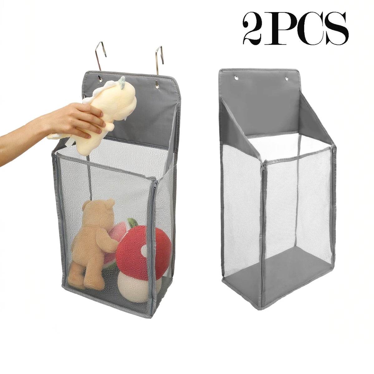 2Pcs Foldable Hanging Laundry Basket Mesh Hamper Over Door Storage - Grey
