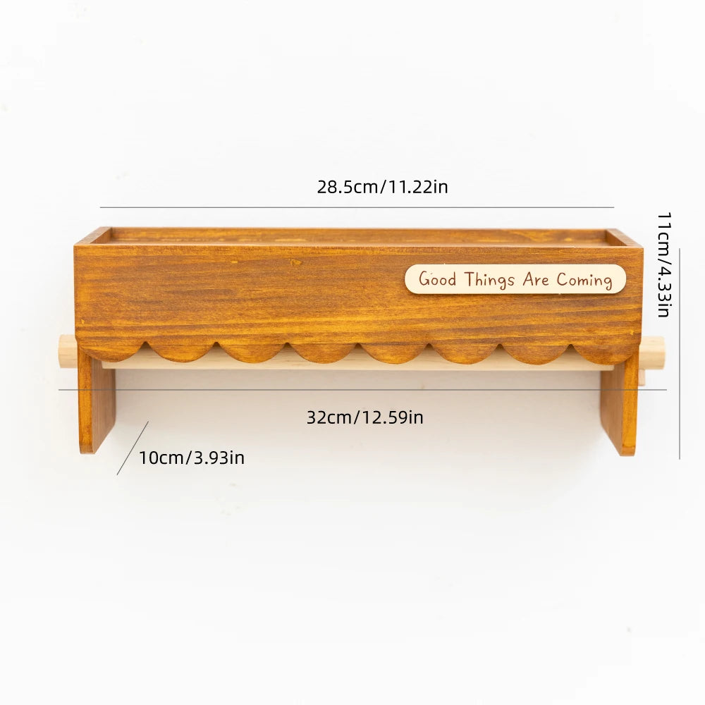 Wooden Paper Towel Holder Wall Mounted Kitchen Storage Rack with Display Shelf and Hanging Rod