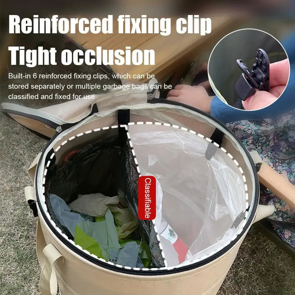 Outdoor Trash Can Foldable Oxford Cloth Garden Waste Storage Bin with Handles - Khaki