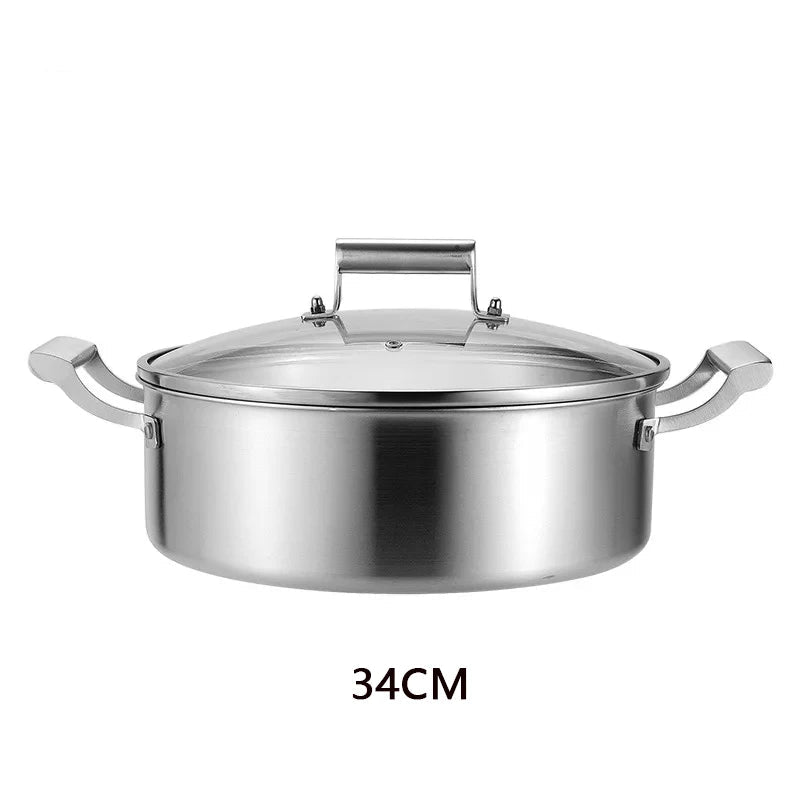 304 Stainless Steel Hot Pot – Double Handle Soup Pot with Glass Lid - 34cm