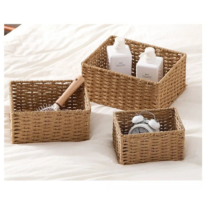 3 Piece Wicker Storage Basket Set Nesting Shelf Organizers for Bathroom Kitchen Closet Home Storage – Beige