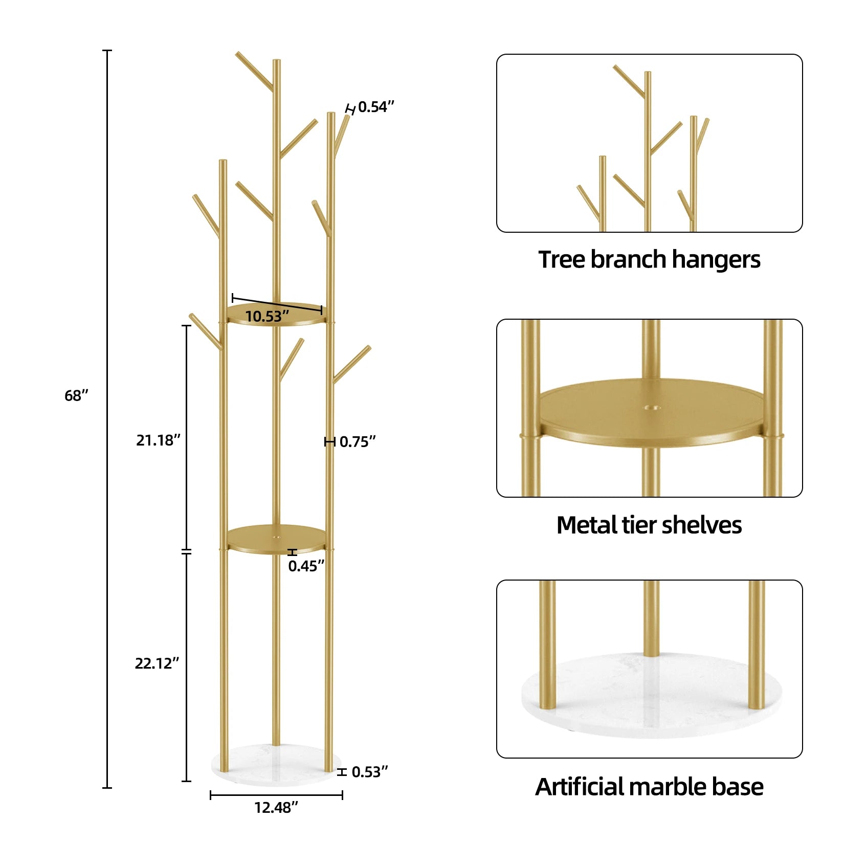 Coat Rack Stand with Shelves and 9 Hooks Freestanding Hall Tree - Gold