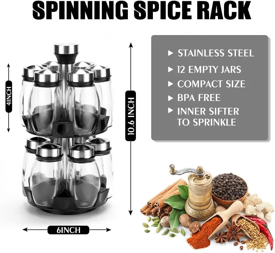 Seasoning Jar Set 12 Pcs Rotatable Glass Spice Containers 360° Kitchen Storage Shakers