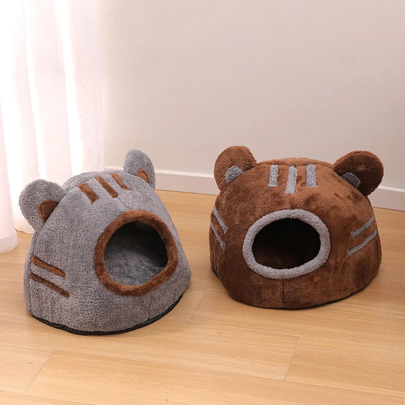Pet Cave Bed Plush Bear Head Enclosed Indoor House with Removable Cushion - Brown