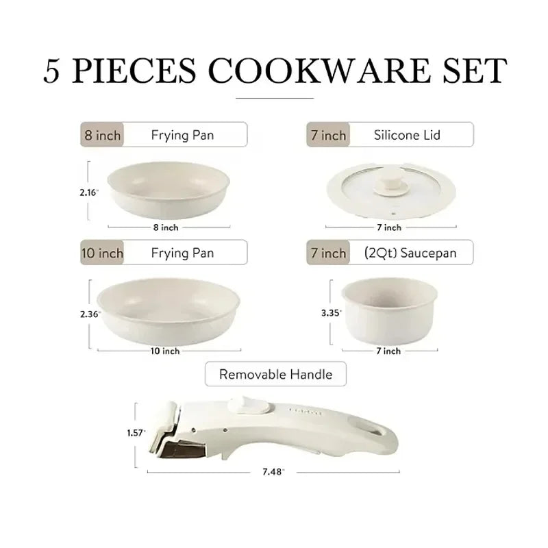 Cookware Set 5 Piece Removable Handle Non Stick Aluminium Pots and Pans Set - White