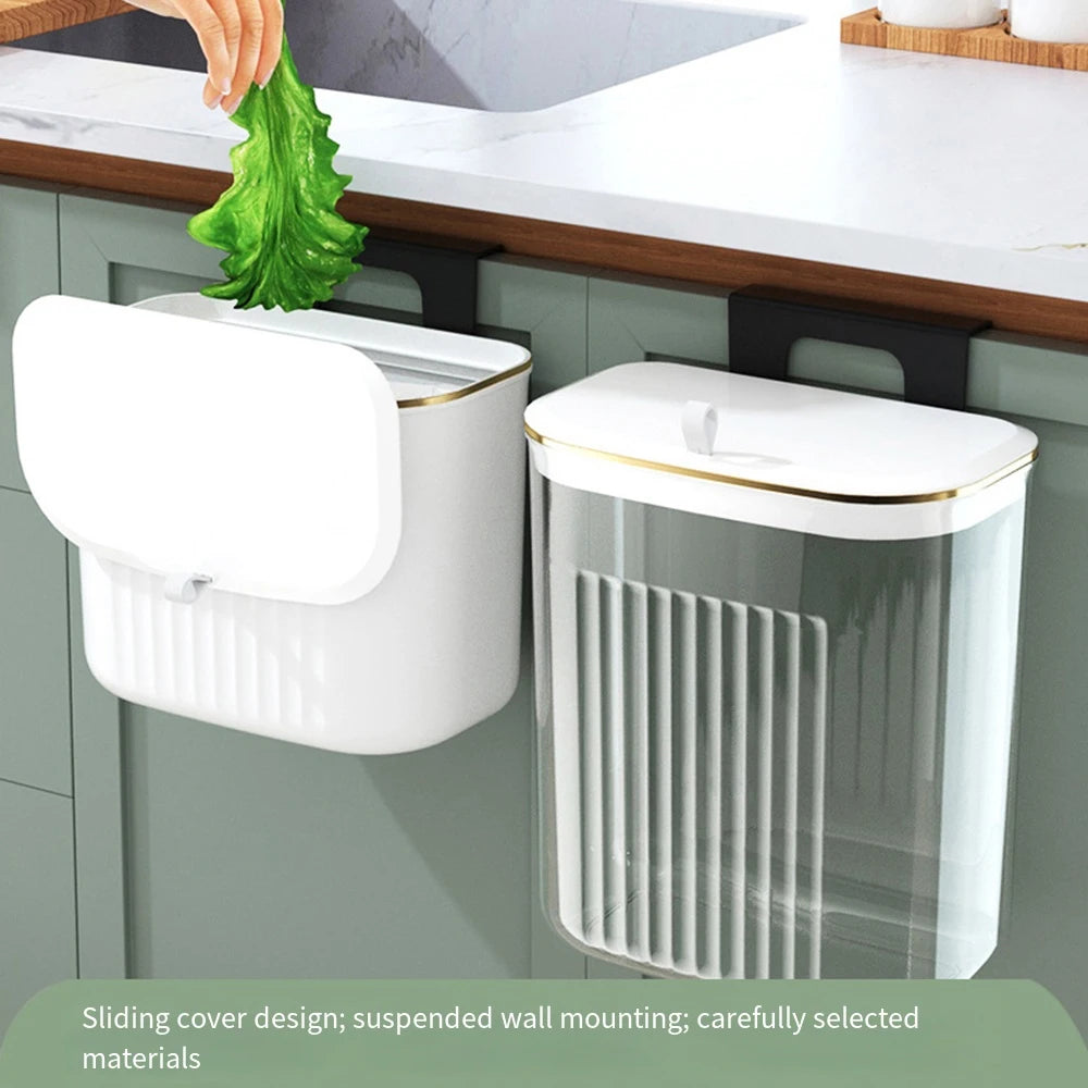 Wall Mounted Kitchen Trash Can 9L Hanging Garbage Bin with Slide Lid – White