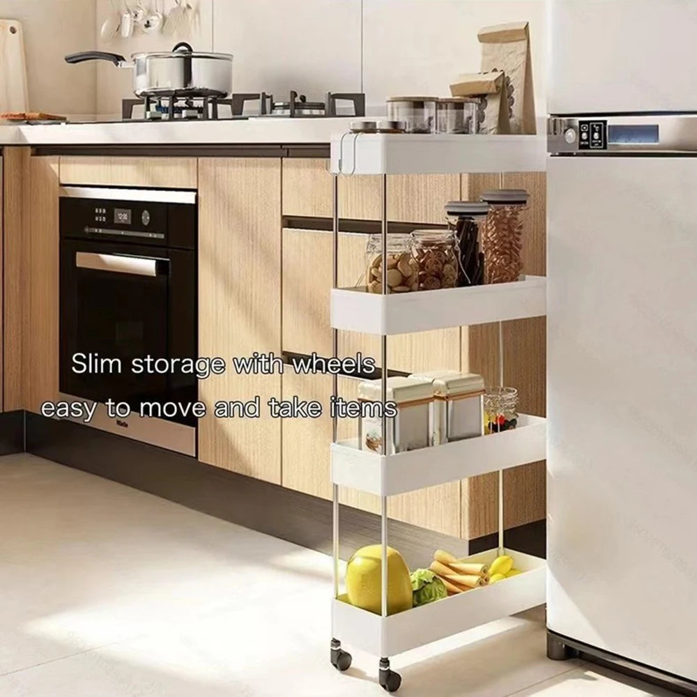 4 Tier Slim Rolling Storage Cart Movable Gap Organizer Shelf Rack for Kitchen Bathroom and Living Room – White