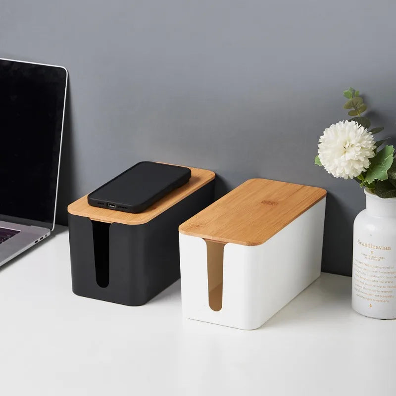 Cable Management Box Bamboo Cover Cord Organiser Power Board Storage - Large